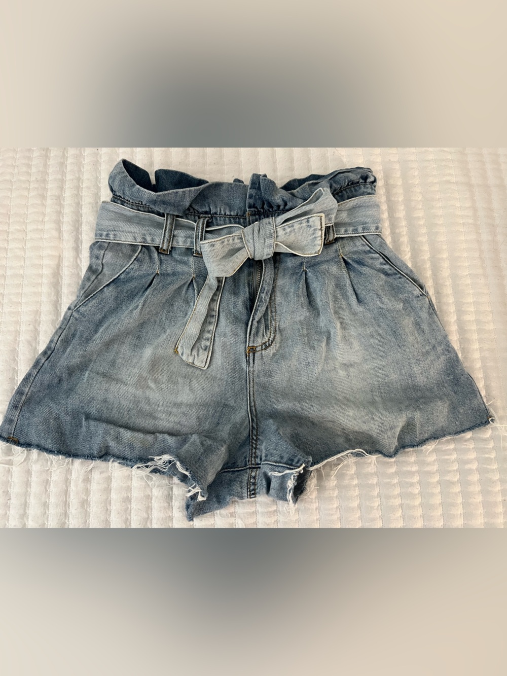 Blank NYC Faded Light Blue Paperbag Denim Shorts with Tie
